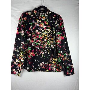 H&M Womens Floral Mock Neck Blouse Black Long Sleeve Wildflower Print Top S